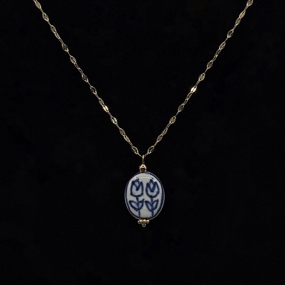 Blue and White Floral Ceramic Pendant on Stainless Steel Necklace - Picture 4 of 13
